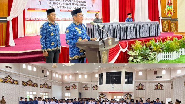 Bupati Murung Raya Heriyus,.S.E  melantik 148 pejabat administrator, pengawas dan fungsional, di Gedung Pertemuan Umum Tira Tangka Balang Puruk Cahu, Senin 16/3/2026 pagi.